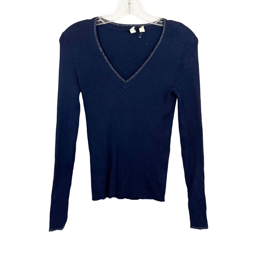 Anthropologie Moth Navy Blue Ribbed‎ Stretch V-Neck Pullover Sweater - Size XS
